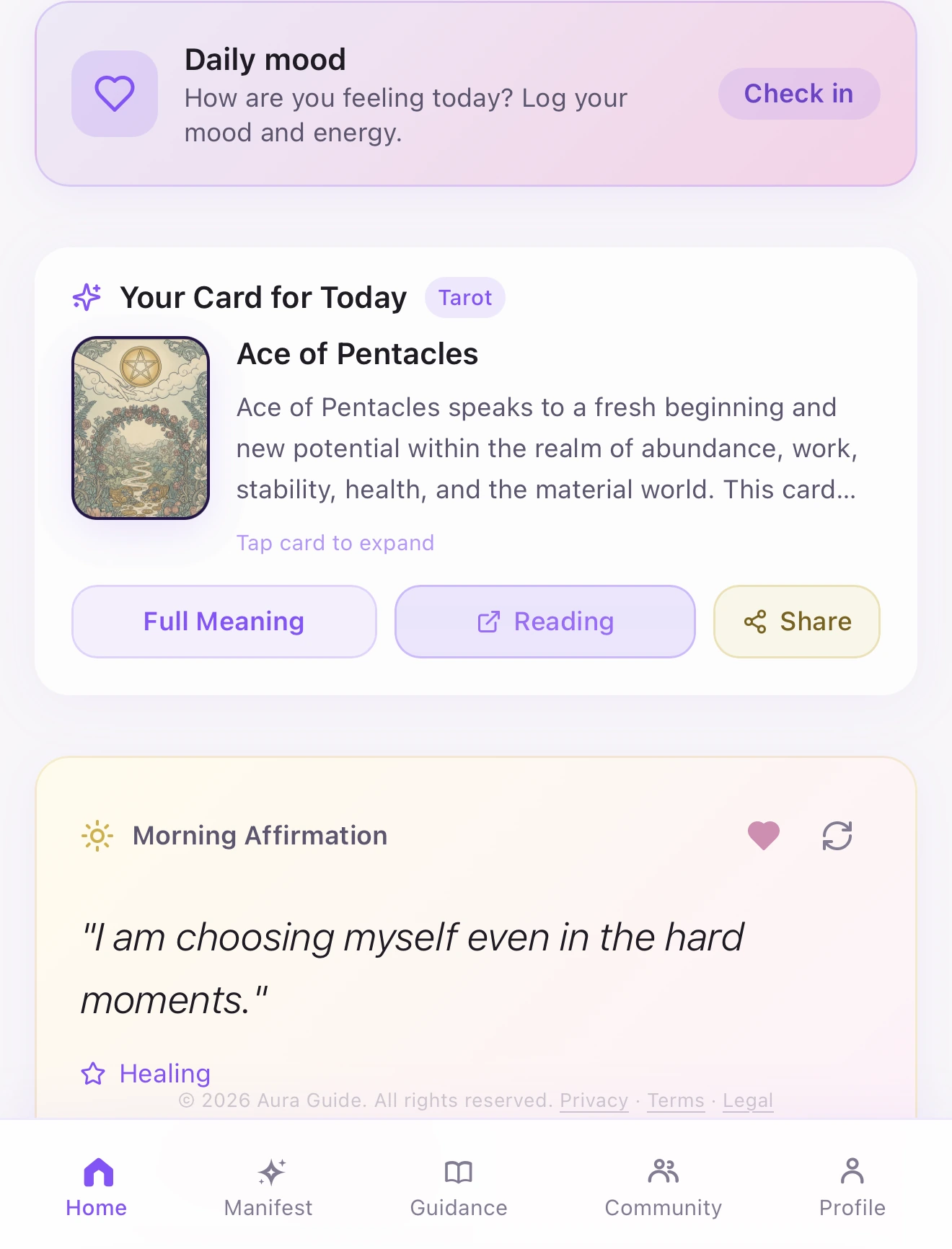 Aura Guide home with Daily Mood, Ace of Pentacles and morning affirmation