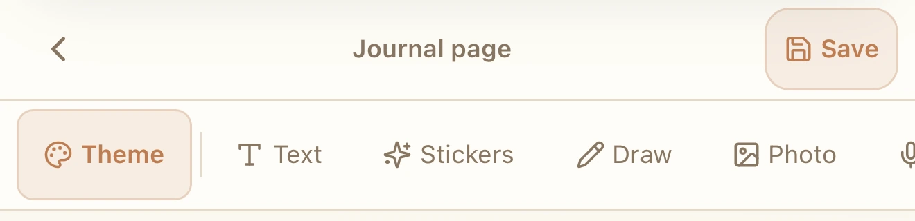 Journal editor toolbar with Save, Theme, Text, Stickers, Draw and Photo